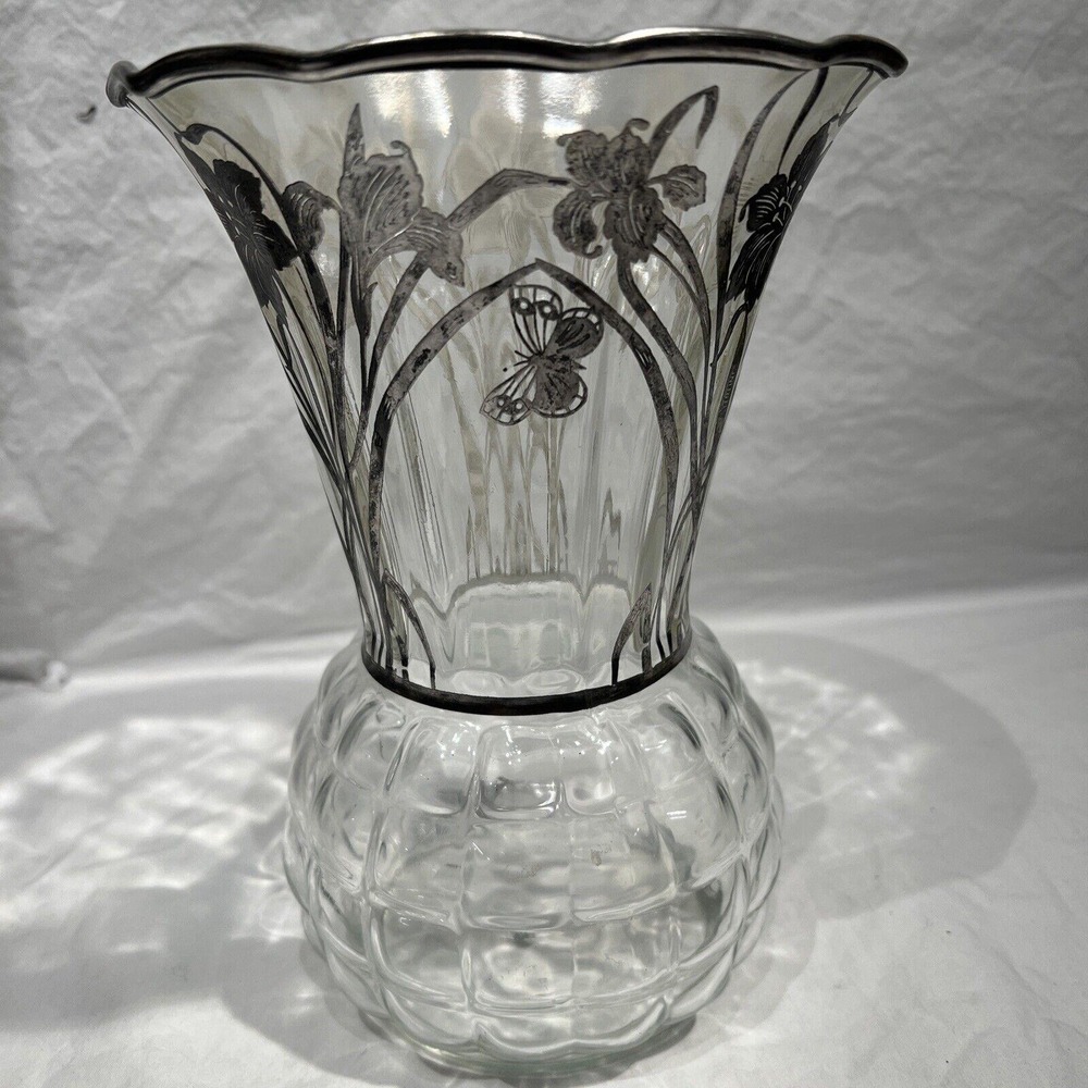 vtg large vase filigree sterling silver overlay  clear glass flowers Silver Rim